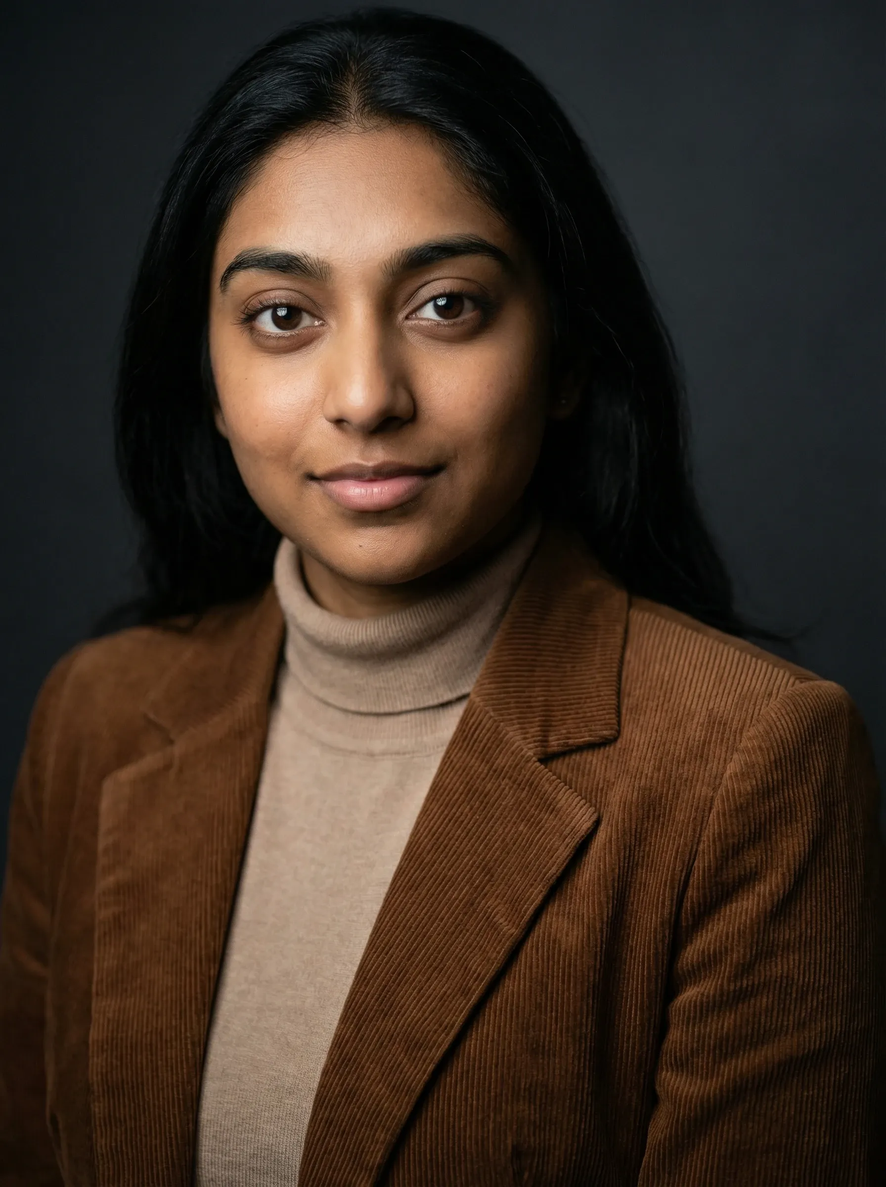AI LinkedIn headshot — woman in a brown blazer and taupe turtleneck against a dark studio background
